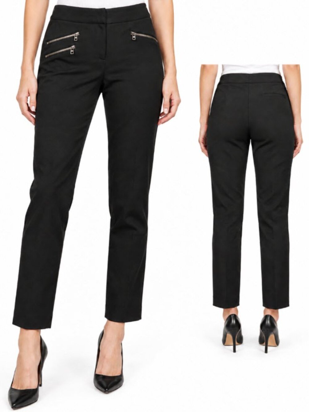 Veronica Beard Zip-Accent Tailored Trousers Black Stretch Pants 12 Chic